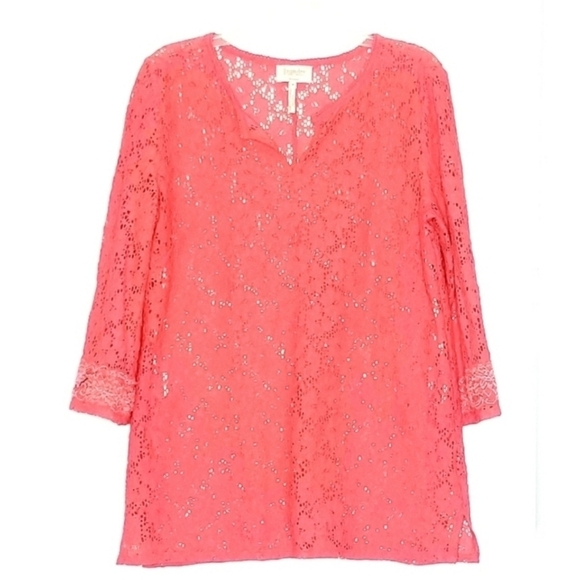 Laundry by Shelli Segal Crochet Lace Tunic M – Coral Sheer ¾ Sleeve Boho Chic - Picture 4 of 14